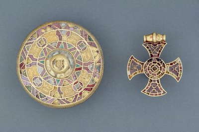 Jewelled Pendant Cross from Ixworth, Suffolk; and Jewelled Disc Brooch from Sarre, Kent, Anglo-Saxon by Anglo Saxon